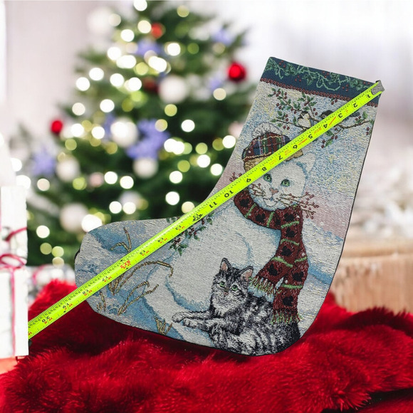 Tapestry Cat Snowman Tabby Kitty Cat Christmas Stocking Holiday Winter Festival - Picture 4 of 5